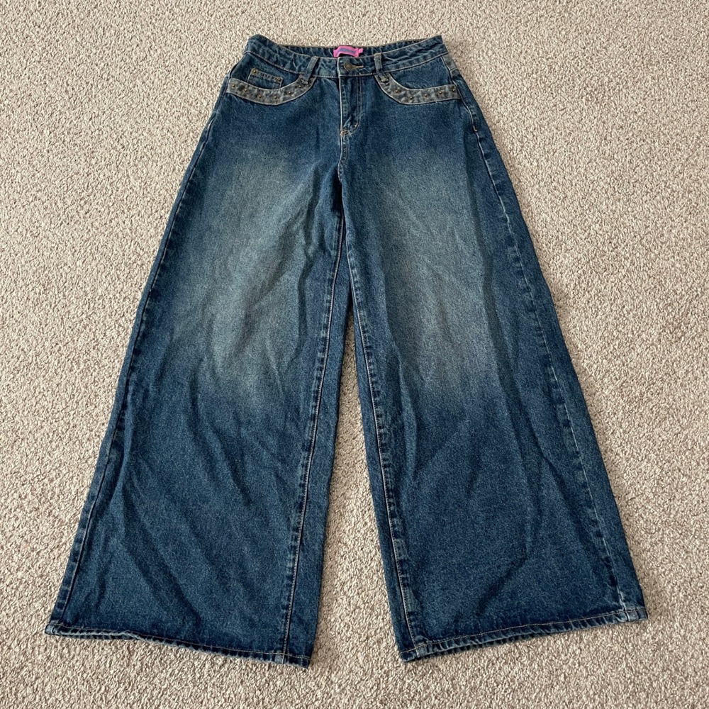 Edikted Women's Jeans Baggy Denim Relaxed Animal Print Casual S Blue